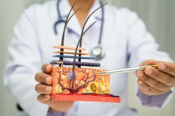 Arzt zeigt mit Kugelschreiber auf Modell von Haarwurzel
